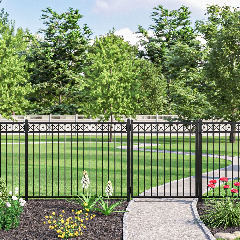 Freedom Hampshire 5-ft H x 4-ft W Black Aluminum Spaced Picket Flat-top Decorative Fence Gate