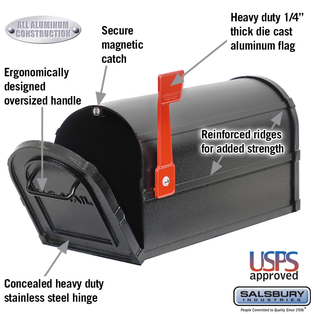 Salsbury 4800 Series Post-Mount Deluxe Rural Mailbox, Aluminum, Black, 7.5" W x 9.5" H x 20.5" D