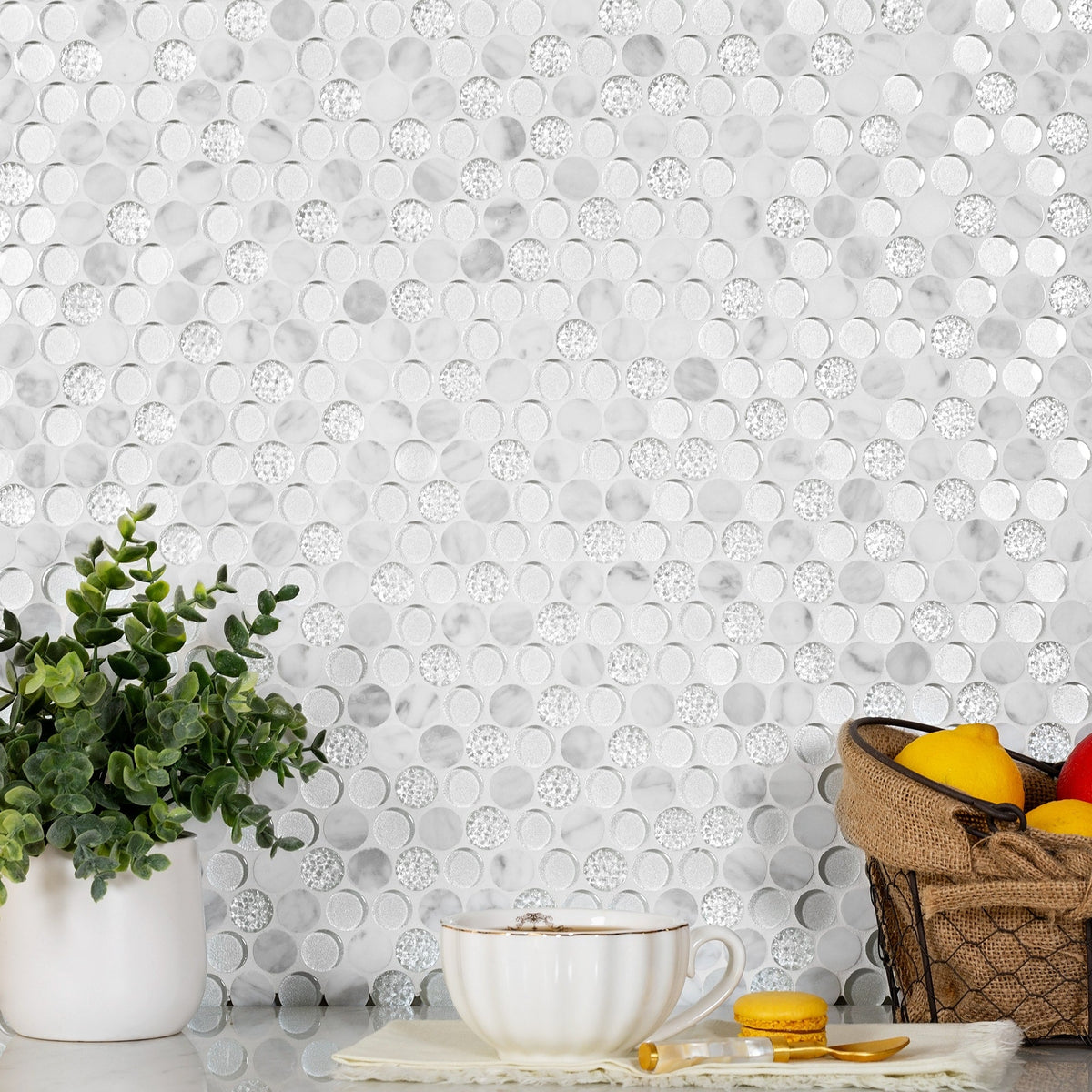 Apollo Tile White 12-in x 12-in Polished Glass; Stone Marble Penny Round Stone Look Floor and Wall Tile (4.83-sq. ft/ Carton)