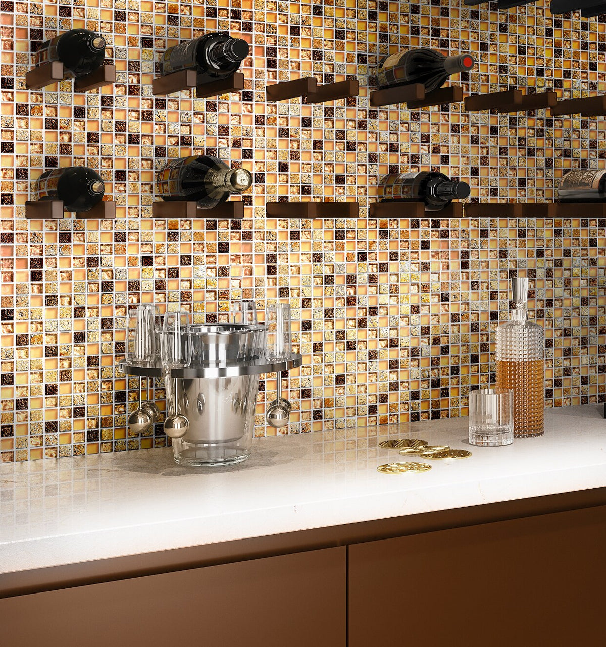 Apollo Tile (Sample) Wall Tile Mini Square Gold and Brown 4-in x 4-in Glossy Glass/Metal/Stone Marble Wall Tile