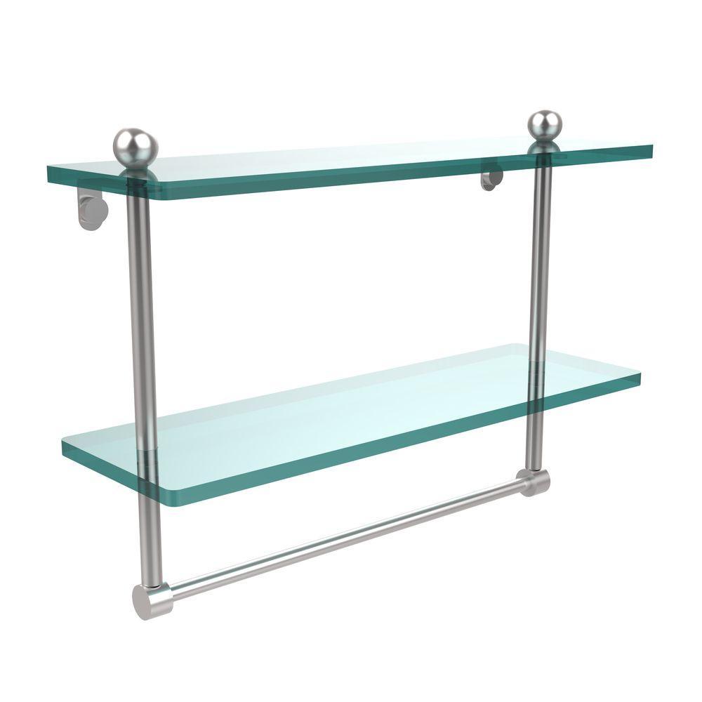 16 in. L  x 12 in. H  x 5 in. W 2-Tier Clear Glass Bathroom Shelf with Towel Bar in Satin Nickel - Super Arbor