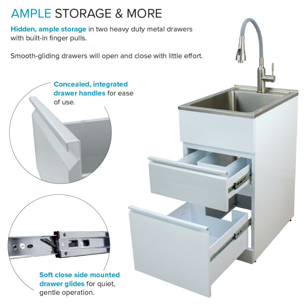 Transolid Gloss White Freestanding Laundry Sink with Cabinet and Faucet