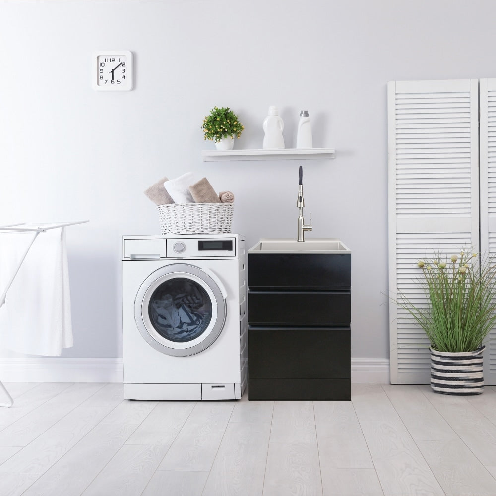 Transolid Matte Black Freestanding Laundry Sink with Cabinet and Faucet