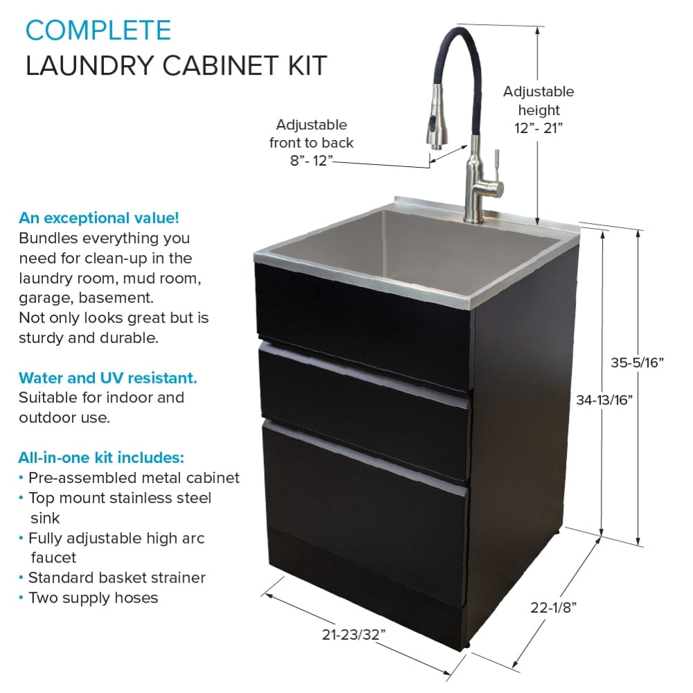 Transolid Matte Black Freestanding Laundry Sink with Cabinet and Faucet