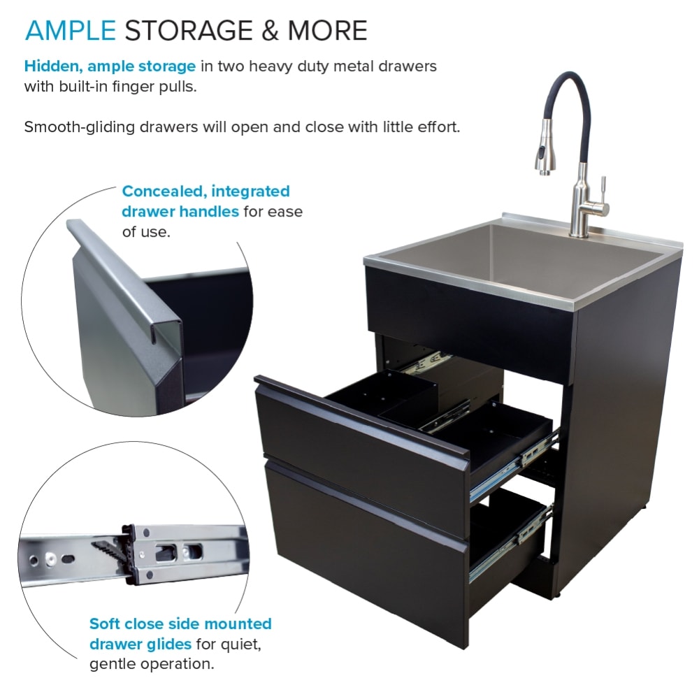 Transolid Matte Black Freestanding Laundry Sink with Cabinet and Flex+Freeze Faucet