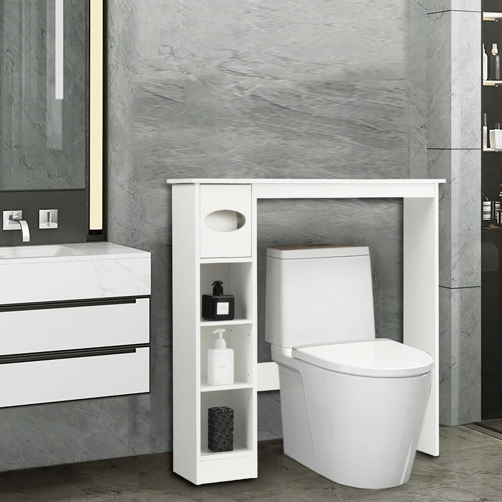 8 in. W Wooden Toilet Storage Cabinet Bathroom Shelves with Paper Drawer in White - Super Arbor