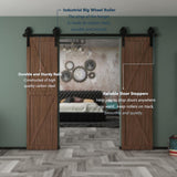 8 ft./96 in. Black Steel Sliding Barn Door Track and Hardware Kit for Double Doors with Floor GuideBigwheel J Shape) - Super Arbor