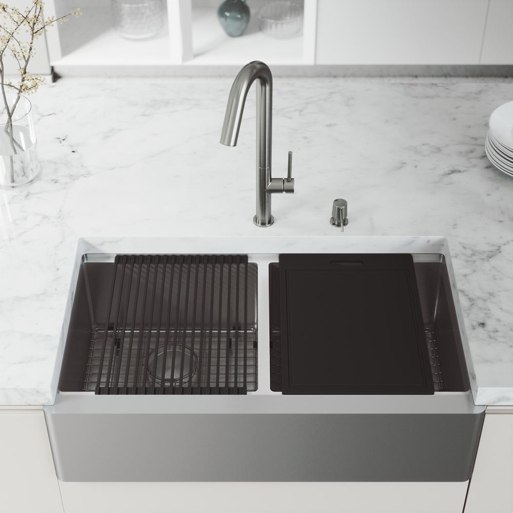 Oxford Stainless Steel 33 in. Double Bowl Flat Farmhouse Apron-Front Workstation Kitchen Sink with Accessories - Super Arbor