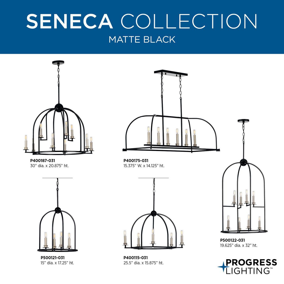 Progress Lighting Seneca 8-Light Matte Black Farmhouse Lantern Medium Hanging Pendant Light