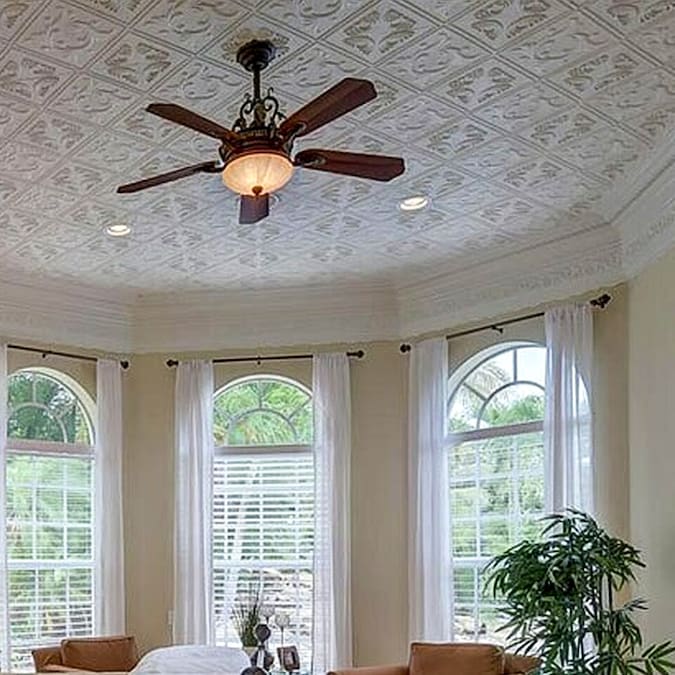 A La Maison Ceilings 1.67-ft x 1.67-ft Diamond Wreath Plain White Polystyrene Surface-mount Ceiling Tile (8-Pack, 21.6-sq ft / Case)