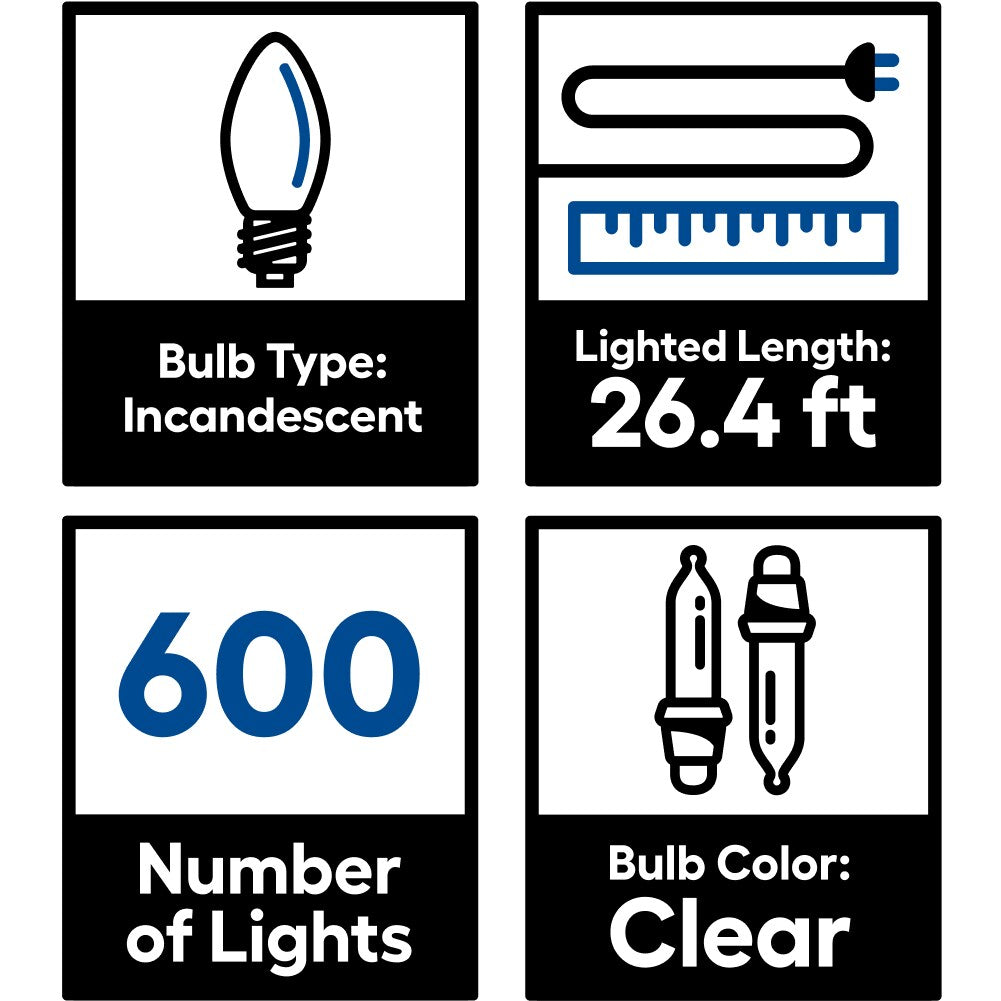 GE ConstantON 600-Count Clear Mini Incandescent Plug-In Christmas Icicle Lights, White Wire, 26.4-ft