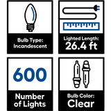 GE ConstantON 600-Count Clear Mini Incandescent Plug-In Christmas Icicle Lights, White Wire, 26.4-ft