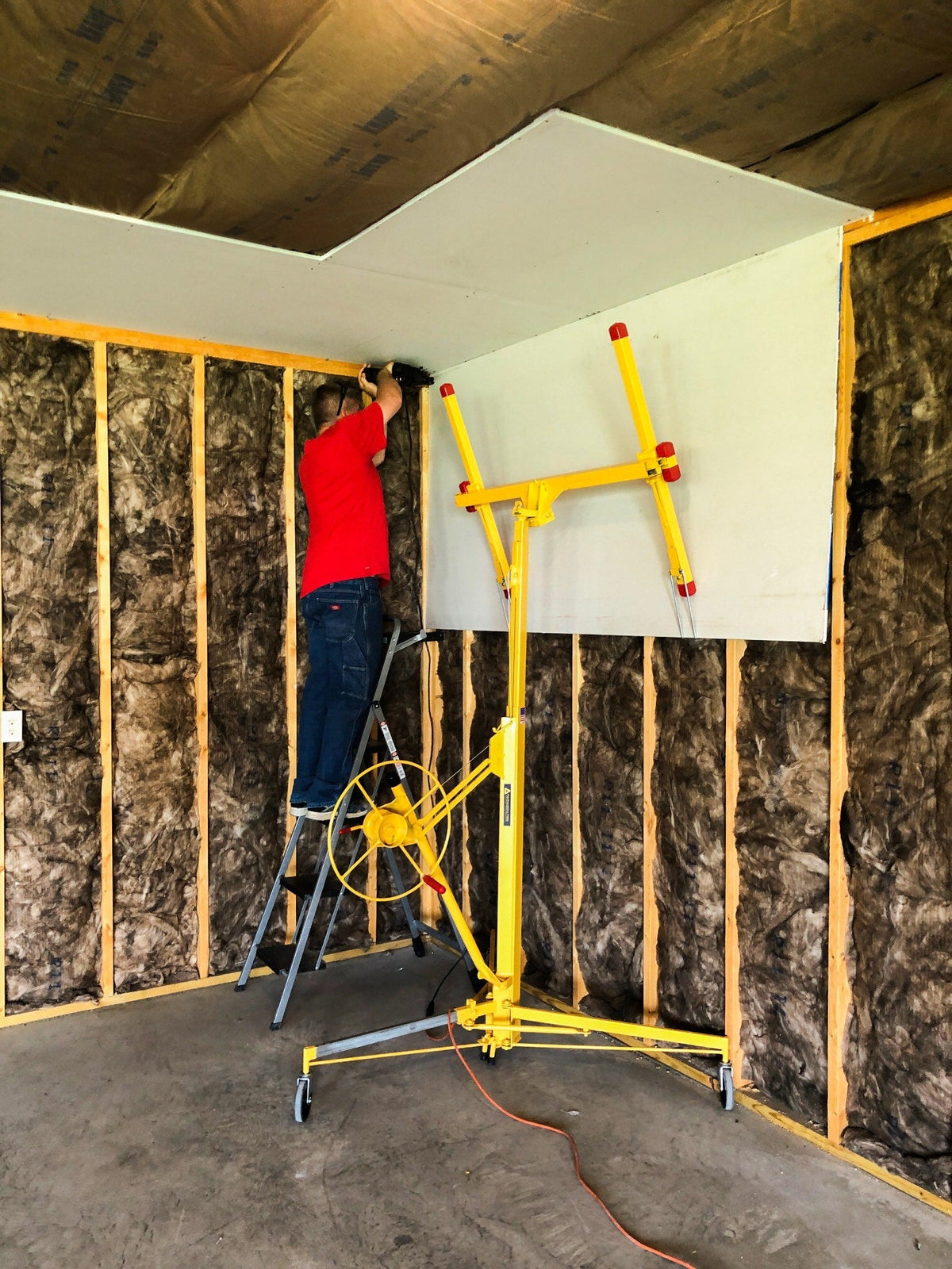 PANELLIFT Yellow Steel Drywall Lift 11ft Max Height 55in Width 49in Length 150lb Capacity - Easy Assembly, Tilting Cradle, Fits 4ft x 16ft Sheets