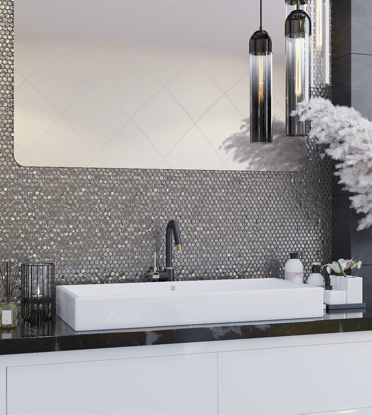 Apollo Tile (Sample) Majeste Dark Silver 4-in x 4-in Glossy Glass Penny Round Patterned Wall Tile