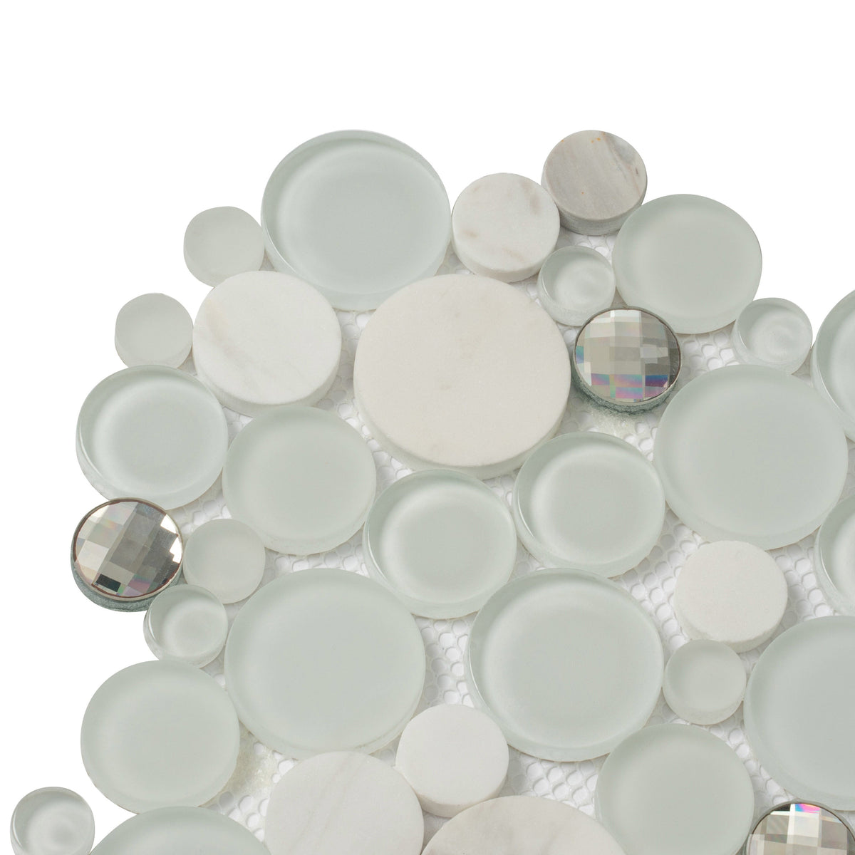 Apollo Tile (Sample) Winterland White 4-in x 4-in Glossy Glass Circular Patterned Wall Tile