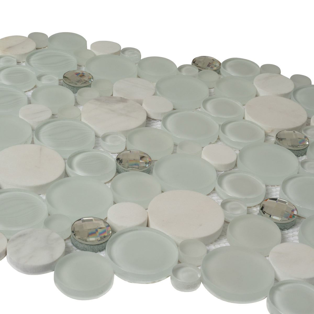 Apollo Tile (Sample) Winterland White 4-in x 4-in Glossy Glass Circular Patterned Wall Tile
