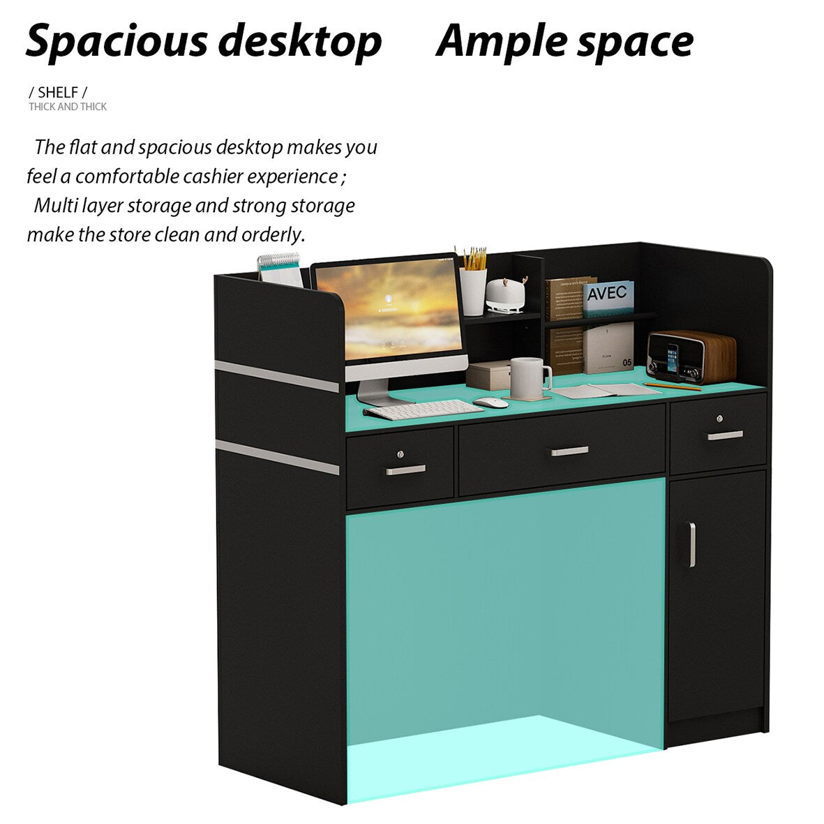 FUFU&GAGA Black Modern/Contemporary Reception Desk with Hutch, 3 Drawers, and Lockable Cabinet