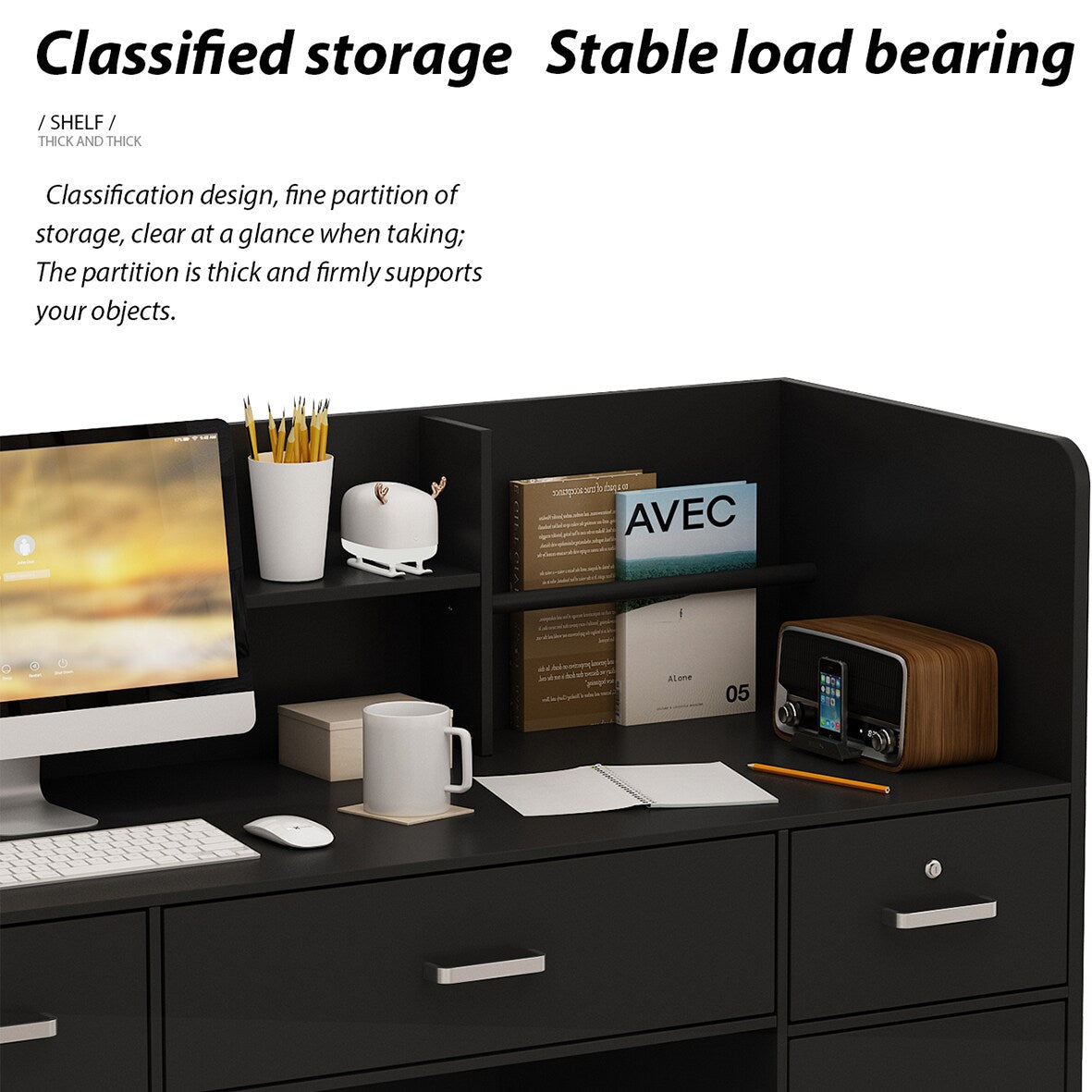 FUFU&GAGA Black Modern/Contemporary Reception Desk with Hutch, 3 Drawers, and Lockable Cabinet