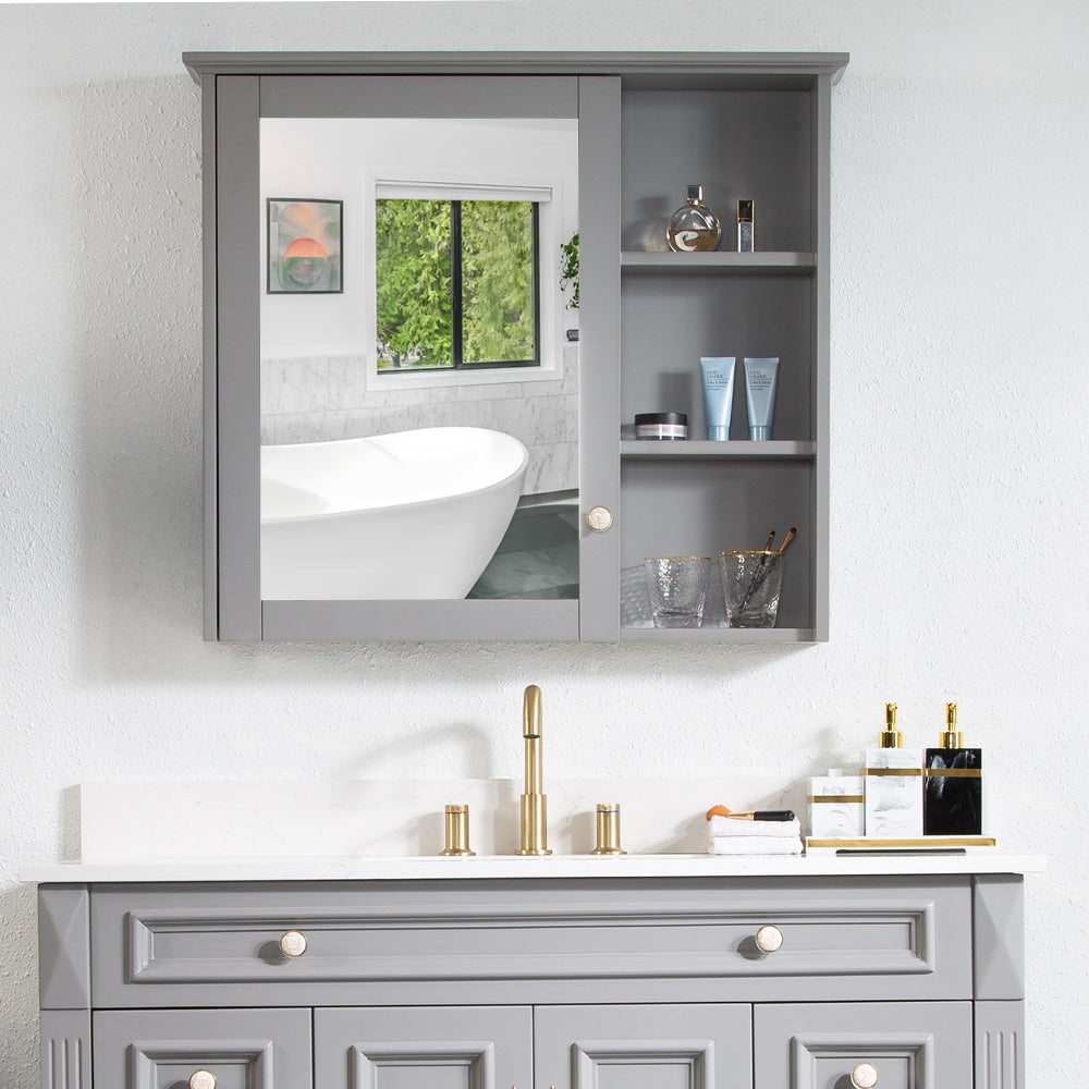 WELLFOR Solid Wood 34-in x 30-in Surface Mount Gray Mirrored Soft Close Medicine Cabinet