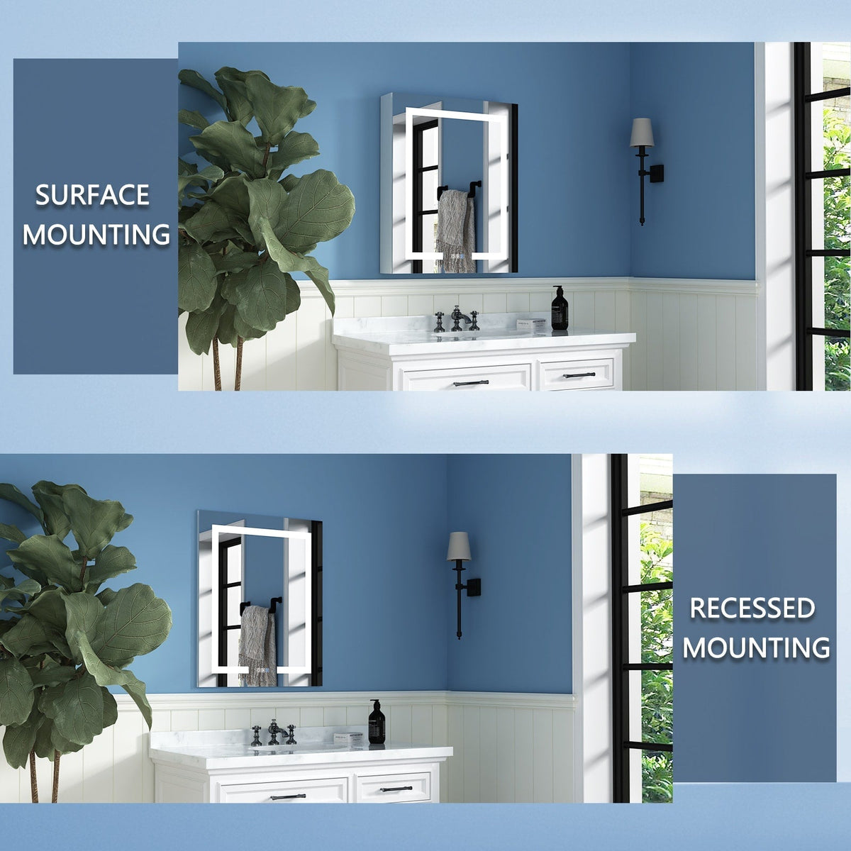 WELLFOR V3 24-in x 30-in Lighted LED Surface/Recessed Mount Aluminum Mirrored Soft Close Medicine Cabinet with Outlet