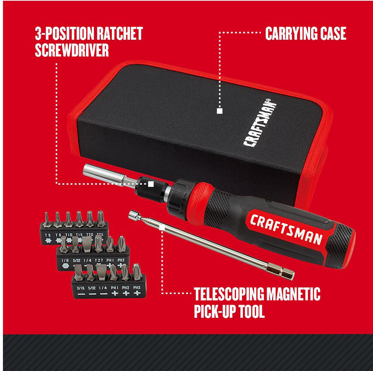 CRAFTSMAN 26-Piece Bi‑Material Handle 6-in Ratcheting Multi-Bit Screwdriver Set with Case