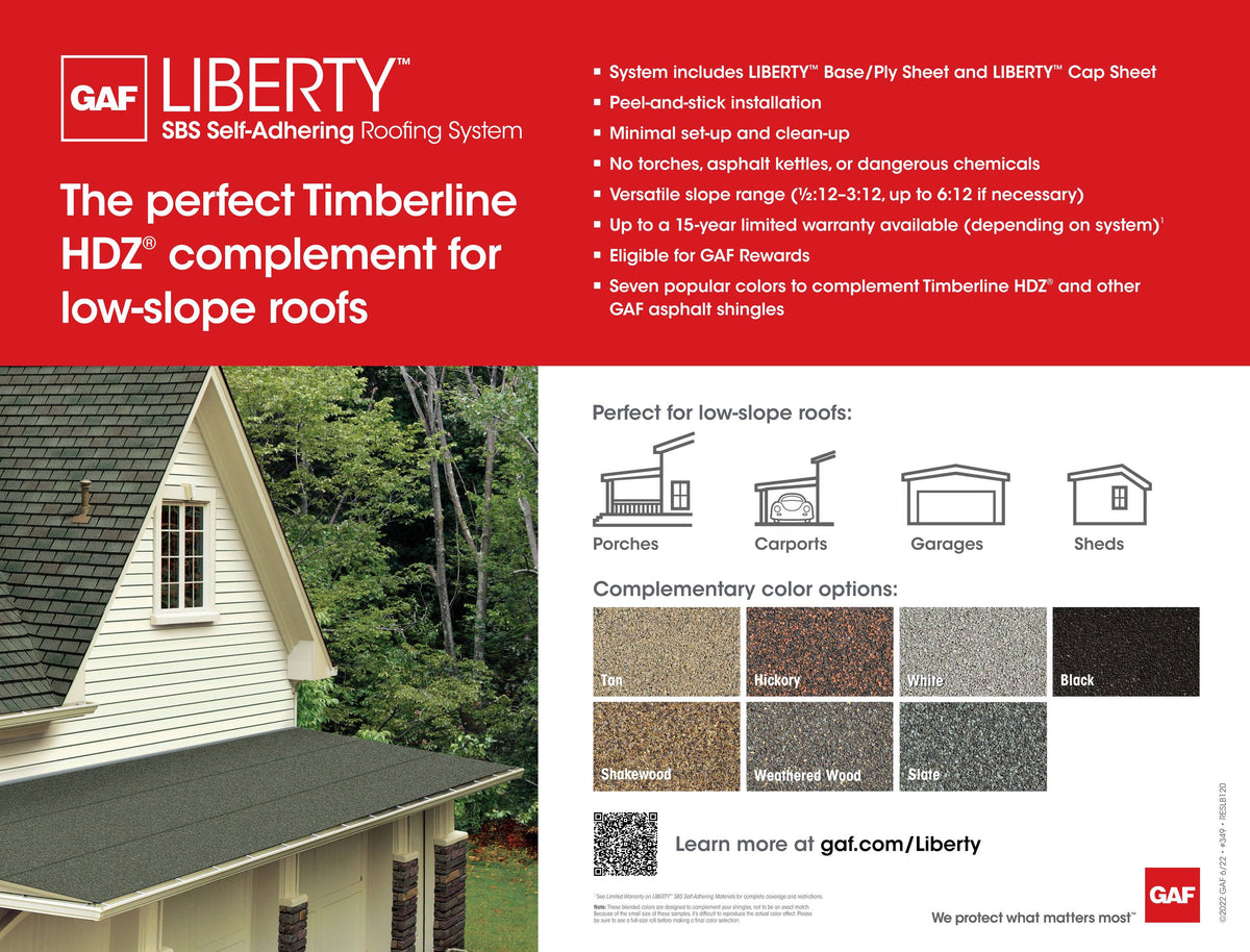 GAF Liberty Cap Sheet, Self‑Adhering Roll Roofing, 3.28-ft W x 34-ft L, 100-sq ft Coverage, Tan