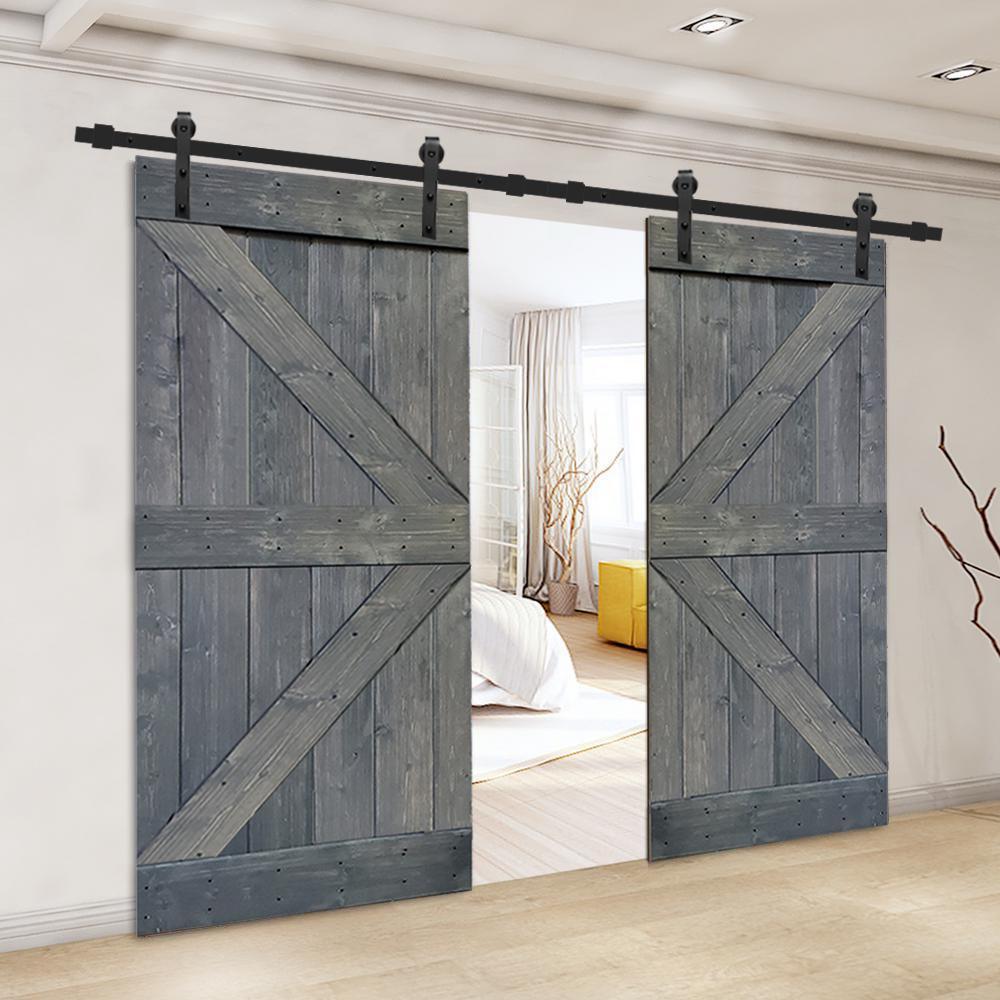 K Series 36 in. x 84 in. Gray Stained Solid Knotty Pine Wood Double Interior Sliding Barn Doors with Hardware Kit - Super Arbor