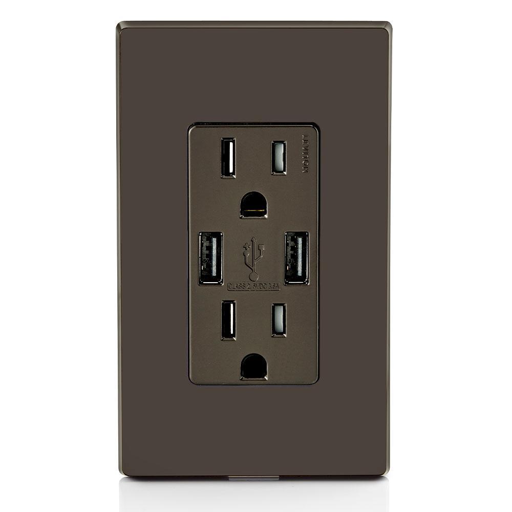 3.6A USB Dual Type A In-Wall Charger with 15 Amp Tamper-Resistant Outlets, Brown - Super Arbor