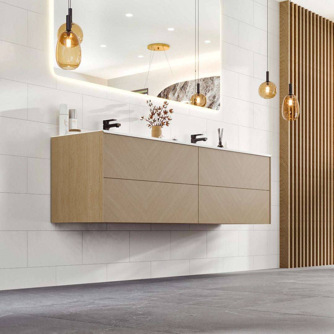 Eviva Lotus 59"W x 19"D Natural Oak Wall Mount Double Sink Bathroom Vanity with White Solid Surface Countertop and Integrated Sinks