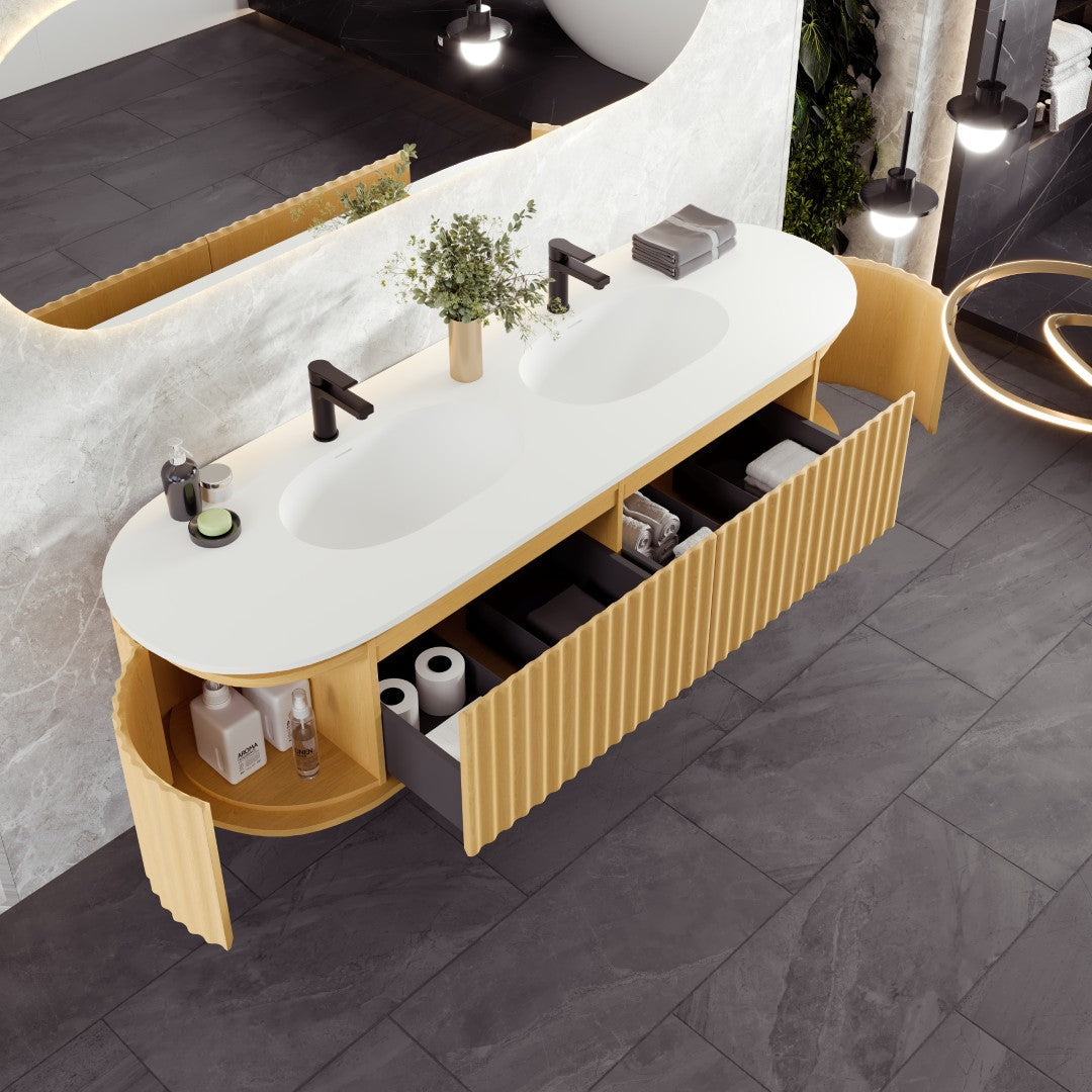 Eviva Haven 71"W x 22"D Natural Oak Wall Mount Double Sink Bathroom Vanity with White Solid Surface Countertop and Integrated Sinks