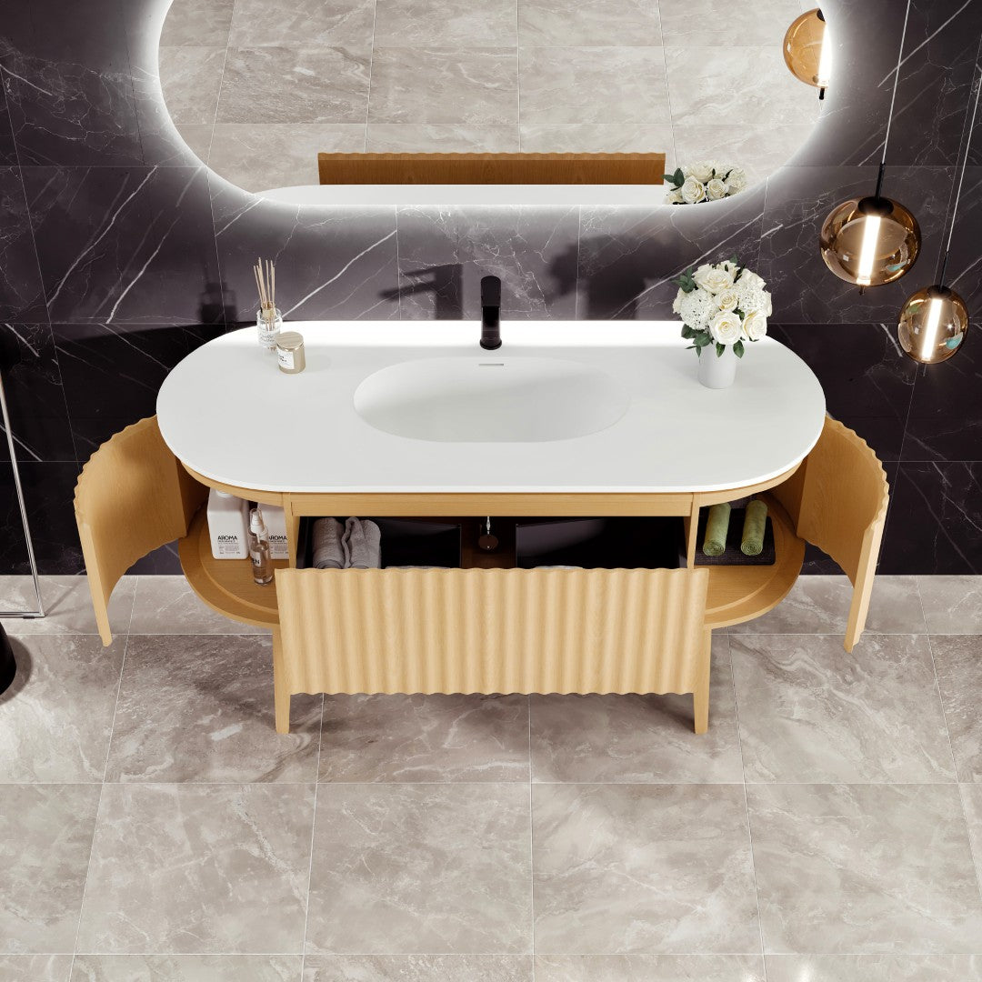 Eviva Haven 55"W x 22"D Natural Oak Bathroom Vanity with White Solid Surface Countertop and Integrated Sink