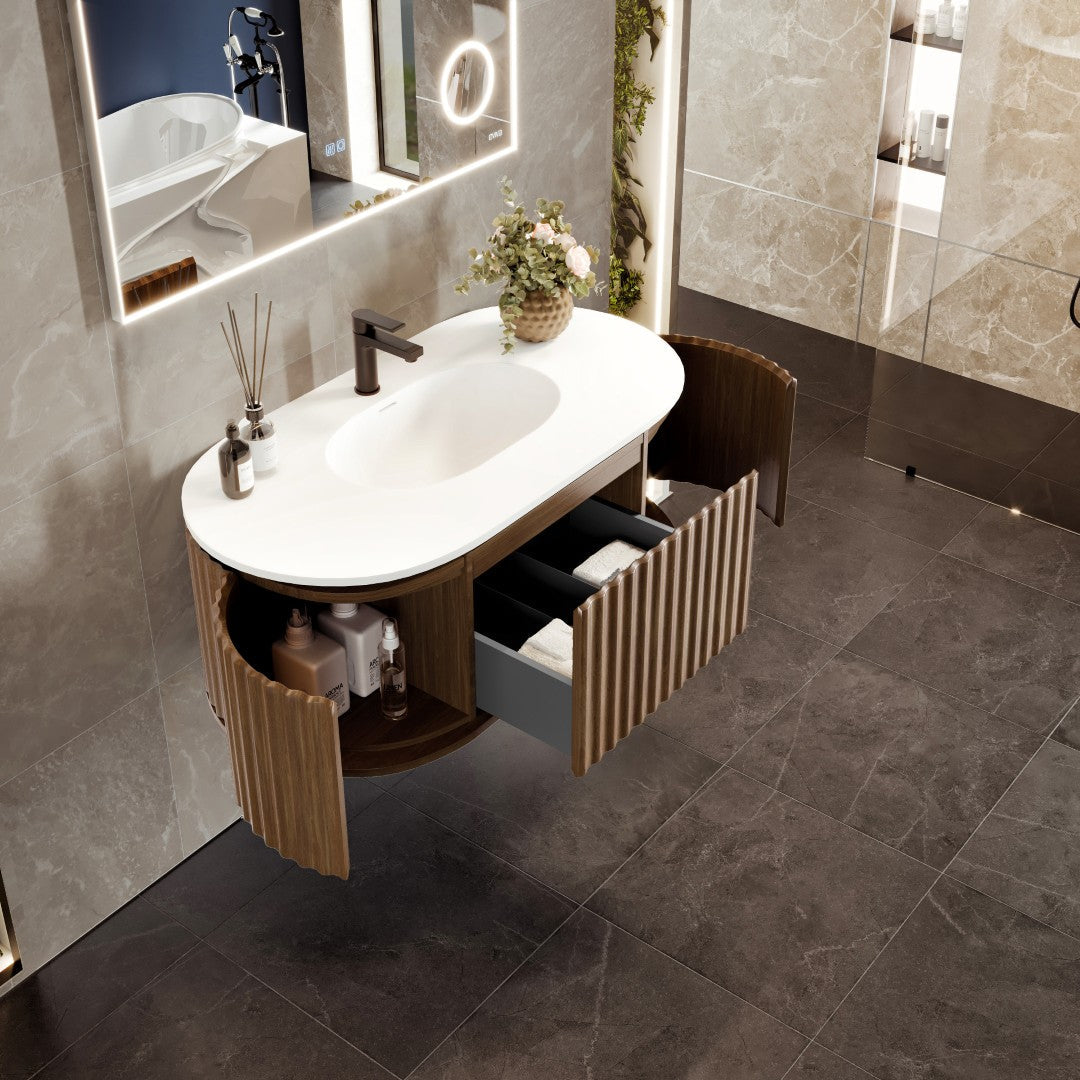 Eviva Haven 39"W x 22"D Medium Oak Wall Mount Bathroom Vanity with White Solid Surface Countertop and Integrated Sink