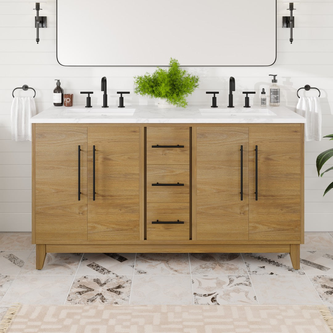 Eviva Graham 60"W x 22"D Oak Double Sink Bathroom Vanity with White Arabescato Engineered Stone Countertop and Undermount Ceramic Sinks