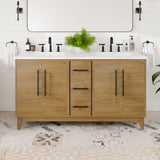 Eviva Graham 60"W x 22"D Oak Double Sink Bathroom Vanity with White Arabescato Engineered Stone Countertop and Undermount Ceramic Sinks