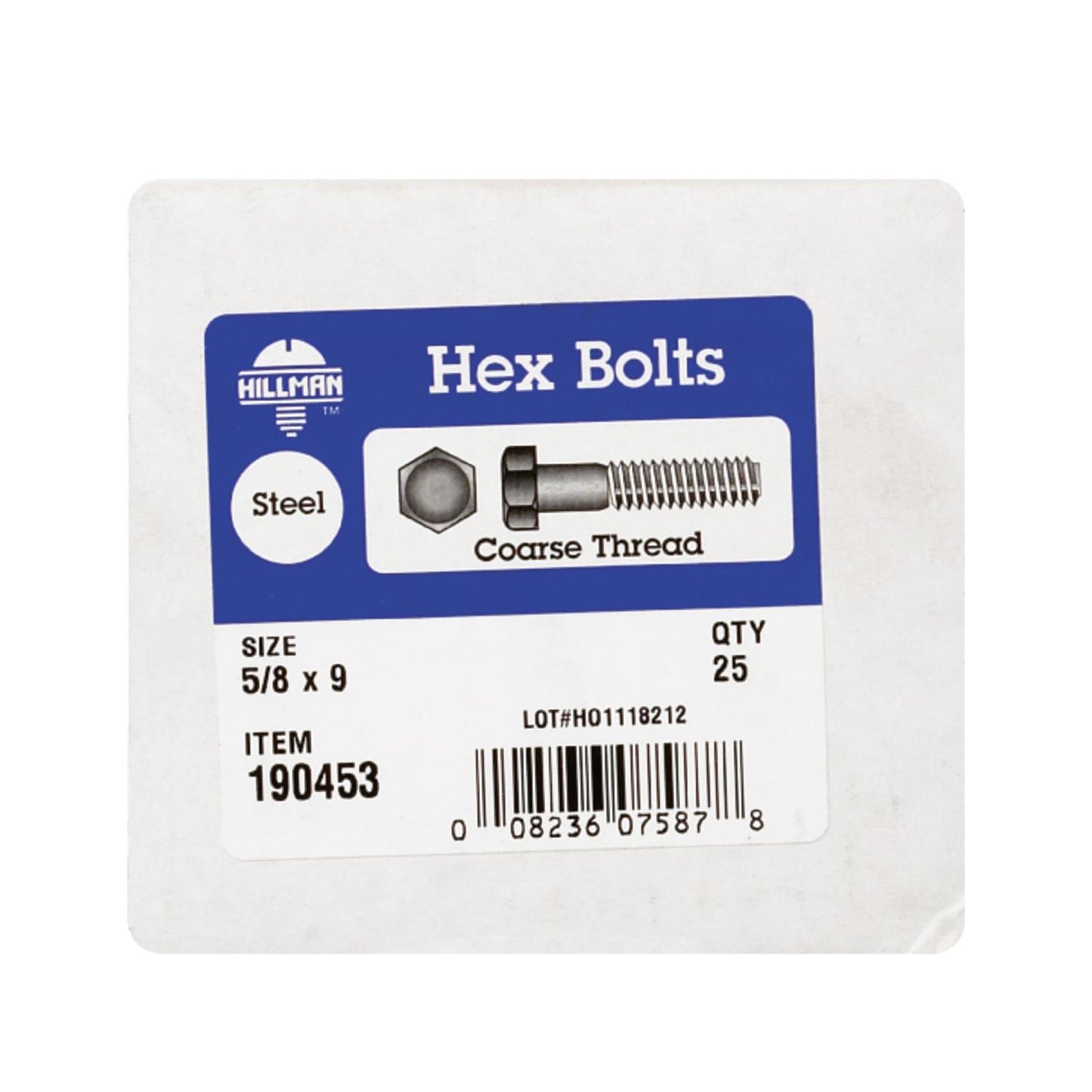 Hillman 5/8 in. Diameter x 9 in. Length Zinc-Plated Steel Hex Bolt, Coarse Thread, 25-Pack