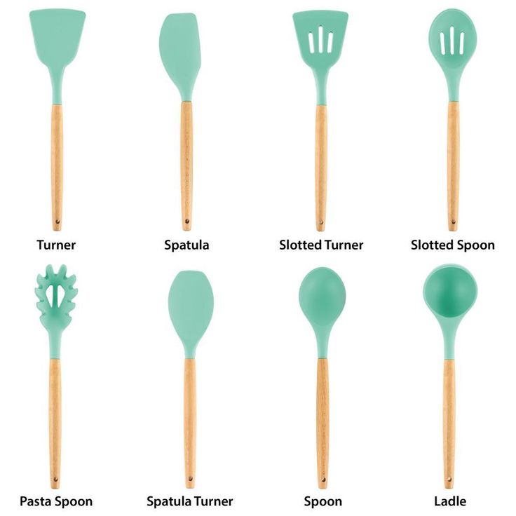 Mint Green Silicone and Wood Cooking Utensils (Set of 9)
