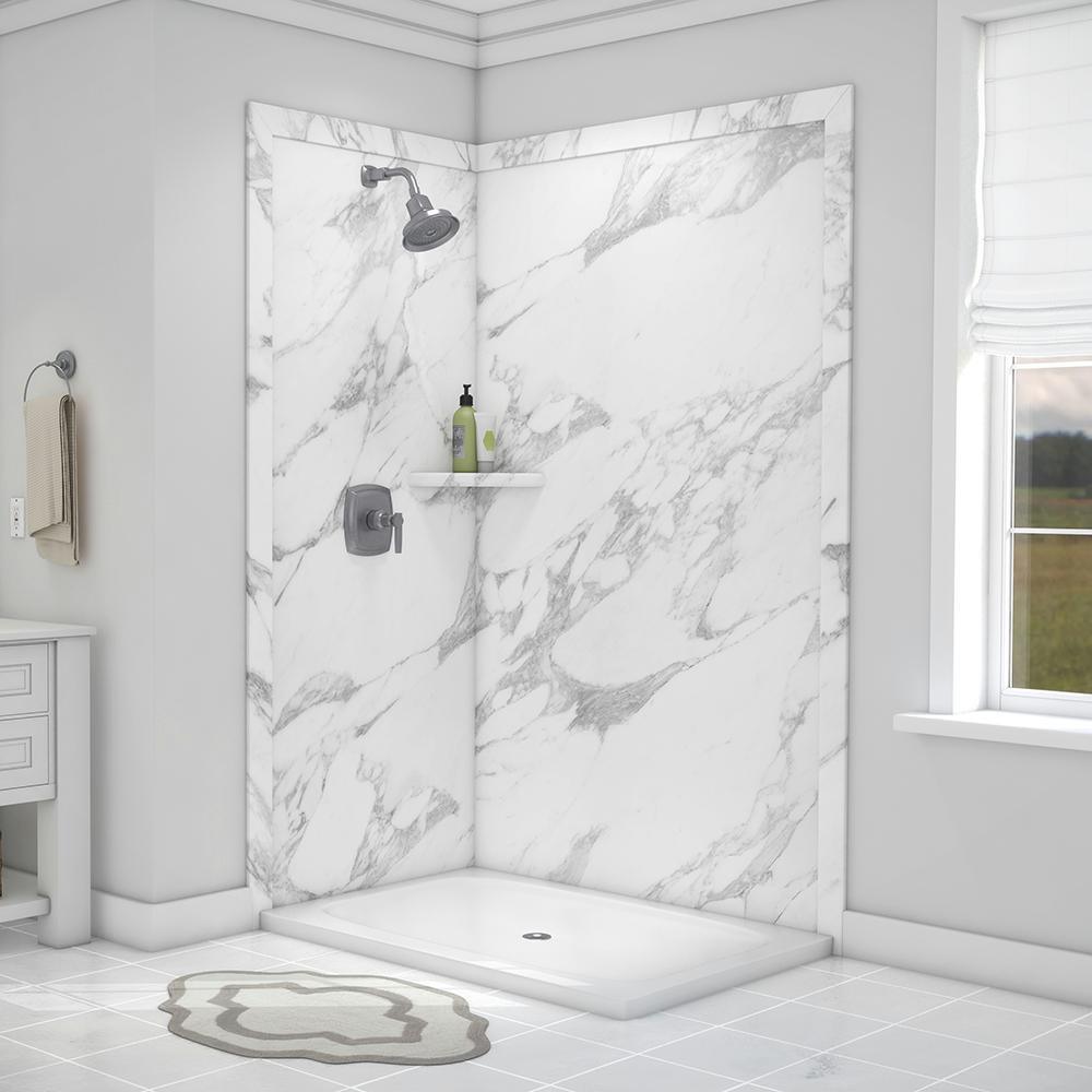 Elegance 36 in. x 48 in. x 80 in. 7-Piece Easy Up Adhesive Corner Shower Wall Surround in Triton - Super Arbor
