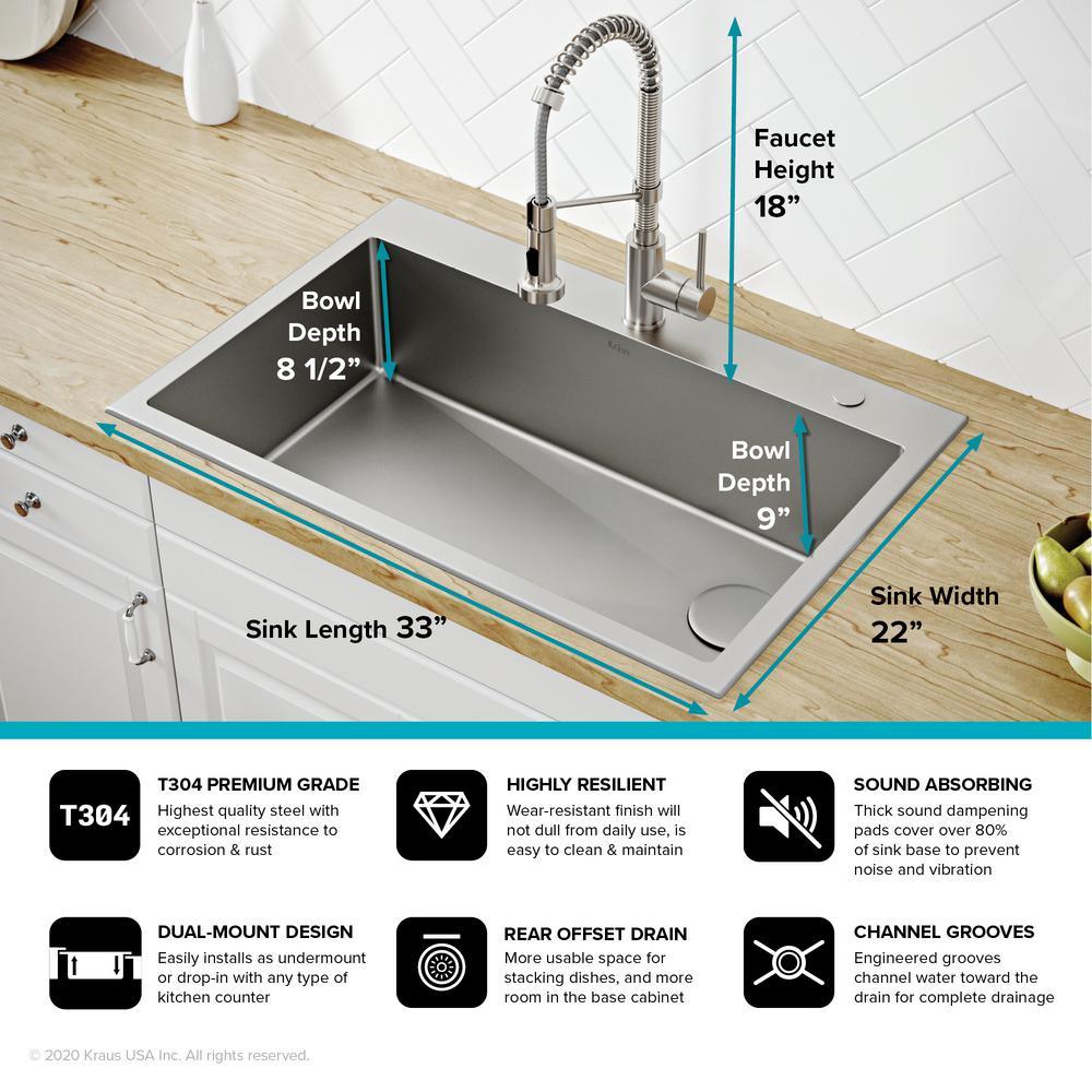 Loften All-in-One Dual Mount Drop-In Stainless Steel 33in. Single Bowl Kitchen Sink with Pull Down Faucet in Chrome - Super Arbor