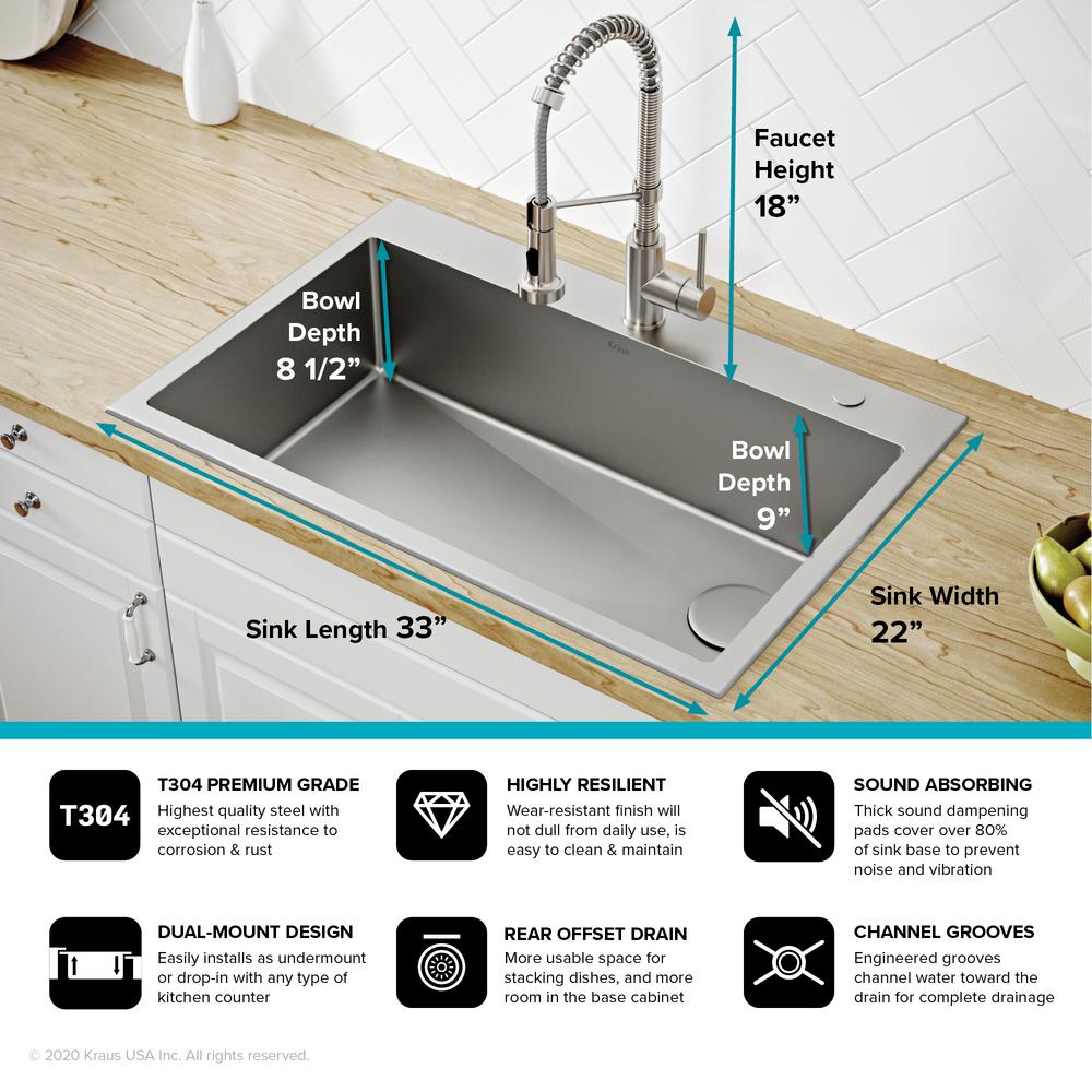 Loften All-in-One Dual Mount Stainless Steel 33in. Single Bowl Kitchen Sink with Pull Down Faucet in Spot Free Stainless