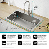 Loften All-in-One Dual Mount Stainless Steel 33in. Single Bowl Kitchen Sink with Pull Down Faucet in Spot Free Stainless