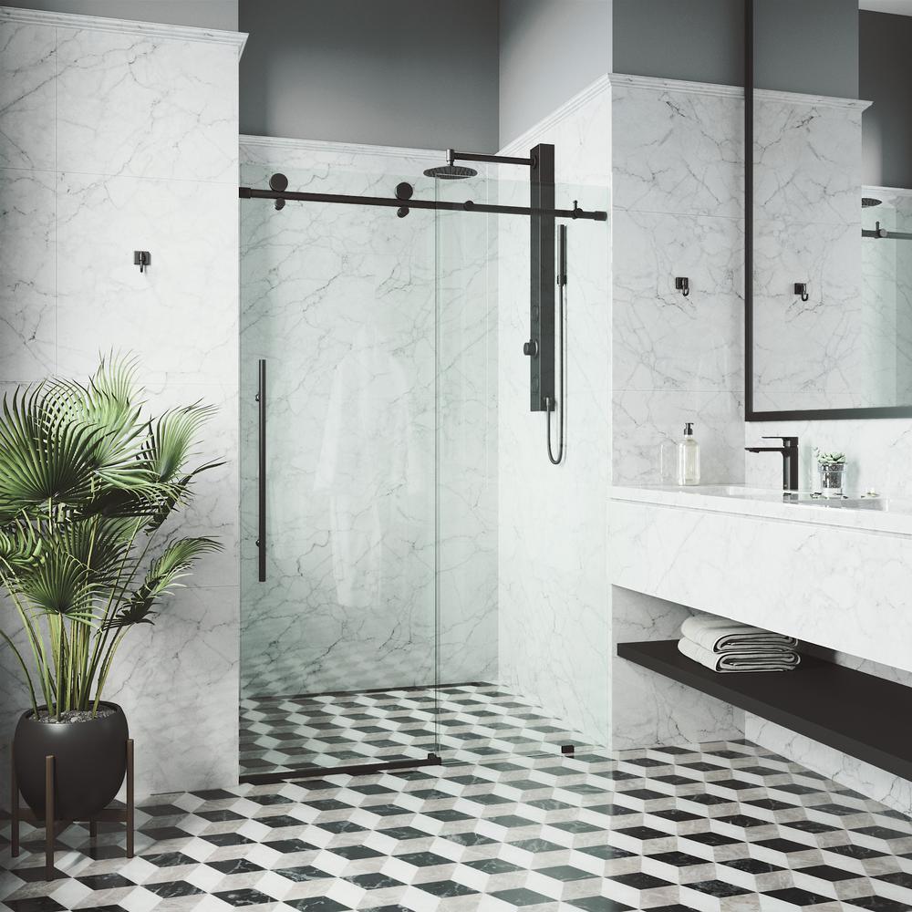Elan E-class 60 in. x 76 in. Frameless Sliding Shower Door in Matte Black with Clear Glass and Handle - Super Arbor