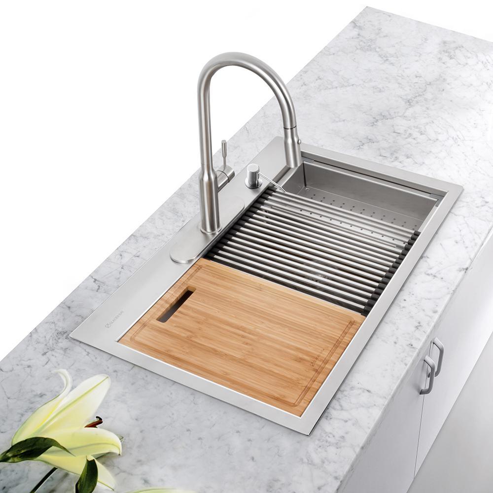 All-in-One Drop-In Stainless Steel 27 in. 4-Hole Single Bowl Kitchen Workstation Sink with Accessories Kit - Super Arbor