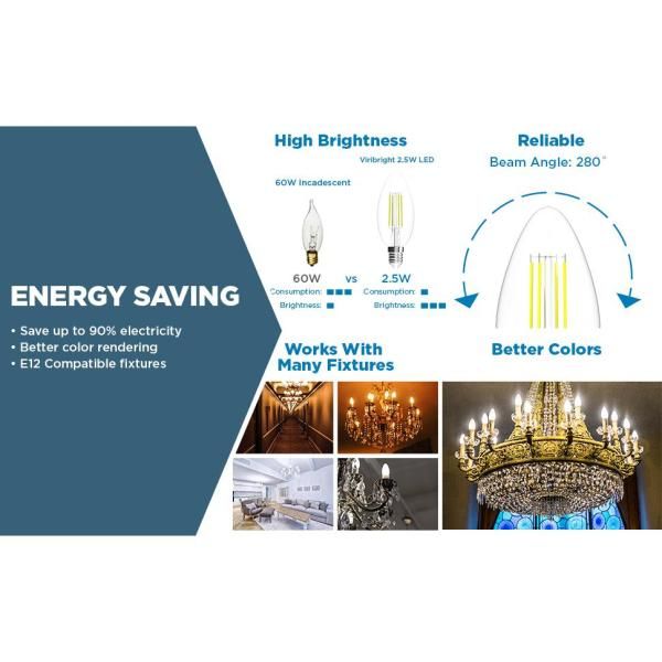 Viribright 35-Watt Equivalent B10 Dimmable E12 Candelabra Base LED Light Bulb Warm White (12-Pack)