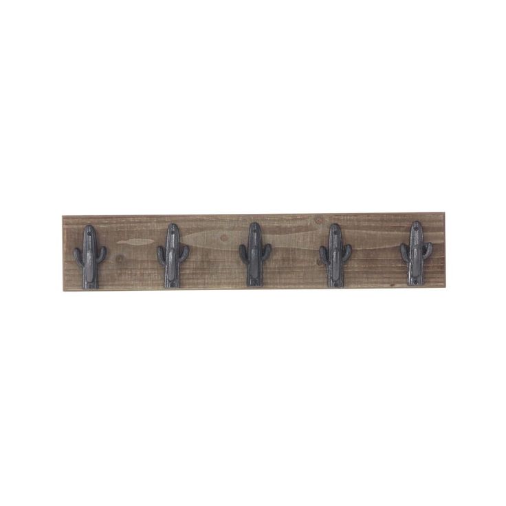 Brown Wood Wall Hook Rack with Black Iron Cactus Hooks