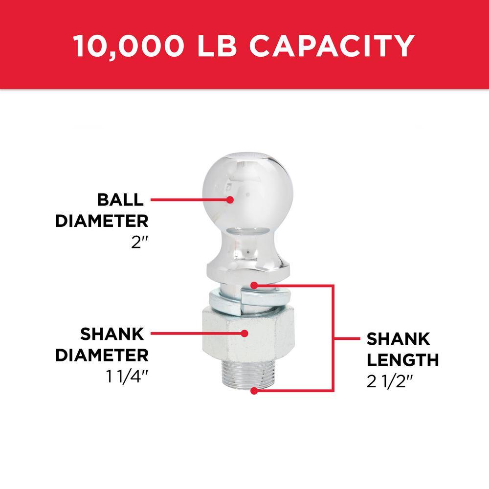 TowSmart 10,000 lb. Capacity 2 in. Ball x 1-1/4 in. Shank Diameter x 2-1/2 in. Shank Length Chrome Hitch Ball - Super Arbor