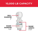 TowSmart 10,000 lb. Capacity 2 in. Ball x 1-1/4 in. Shank Diameter x 2-1/2 in. Shank Length Chrome Hitch Ball - Super Arbor