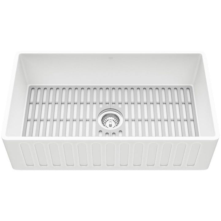 Matte Stone White Composite 33 in. Single Bowl Farmhouse Apron-Front Kitchen Sink Set with Strainer and Silicone Grid