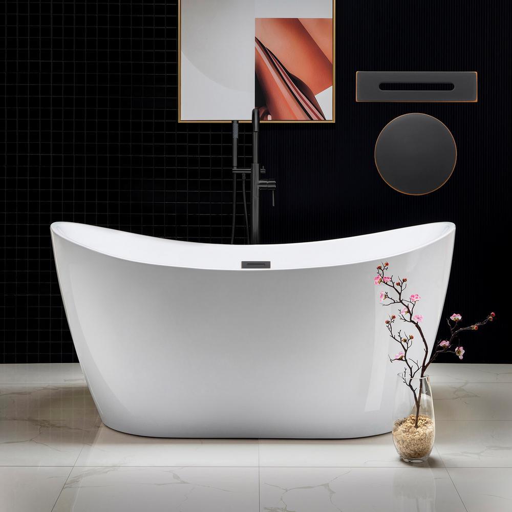 59 in. Acrylic Freestanding Double Slipper Flatbottom Soaking Bathtub with Drain and Overflow Included in White - Super Arbor