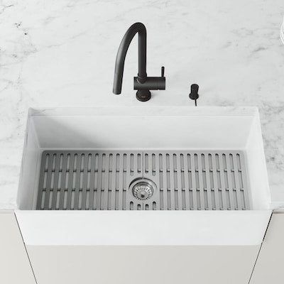 VIGO Matte Stone 36-in x 18-in Matte White Single Bowl Tall (8-in or Larger) Undermount Apron Front/Farmhouse Commercial/Residential Workstation Kitchen Sink