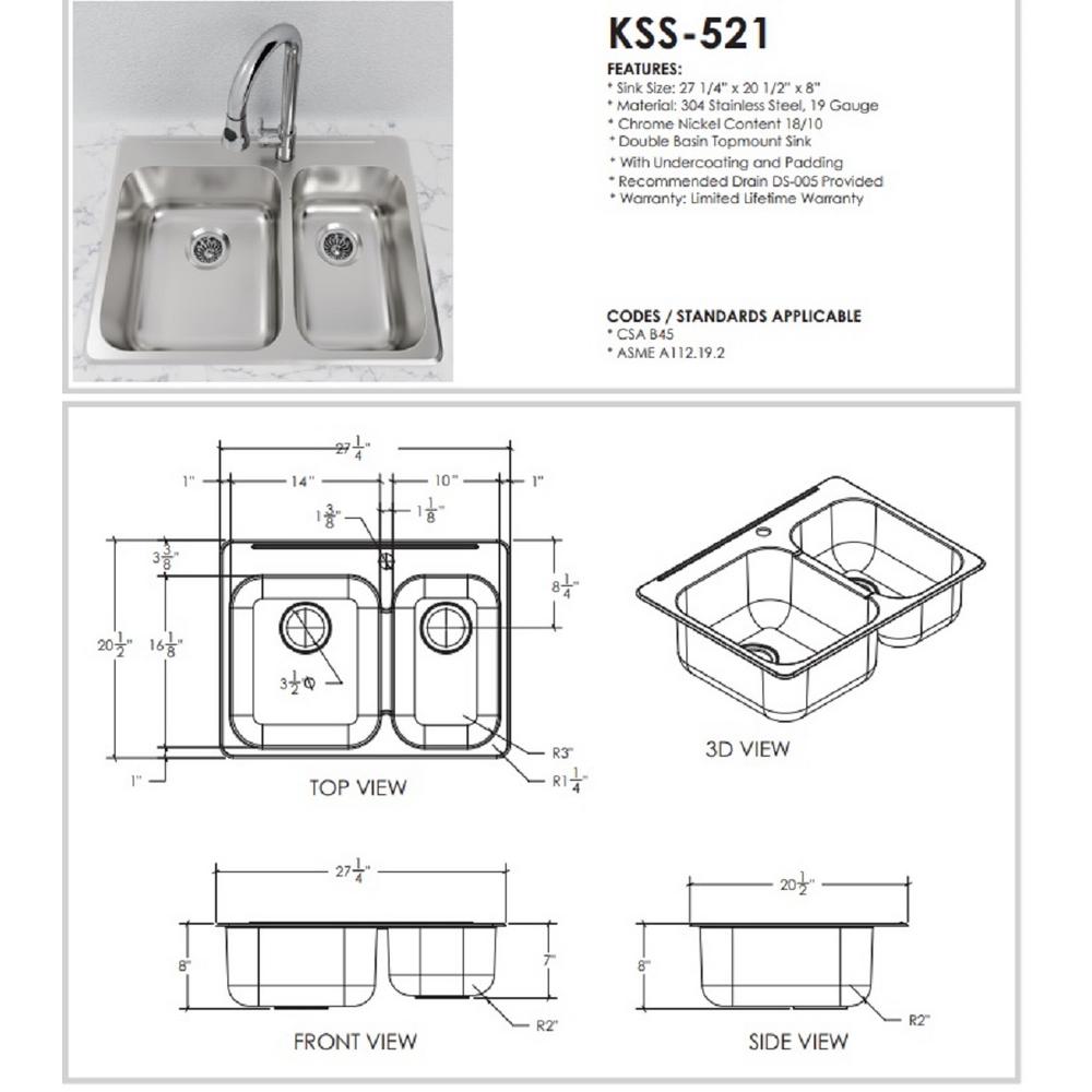 Cantrio Deck Mounted Drop-in Stainless Steel 27.25 in. 1-Hole Double Bowl Kitchen Sink - Super Arbor